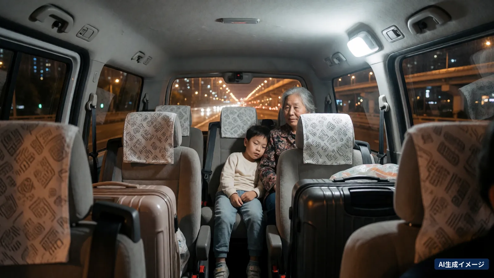 A child leaning on a grandmother beside suitcases inside a van on a night expressway (AI-generated image)