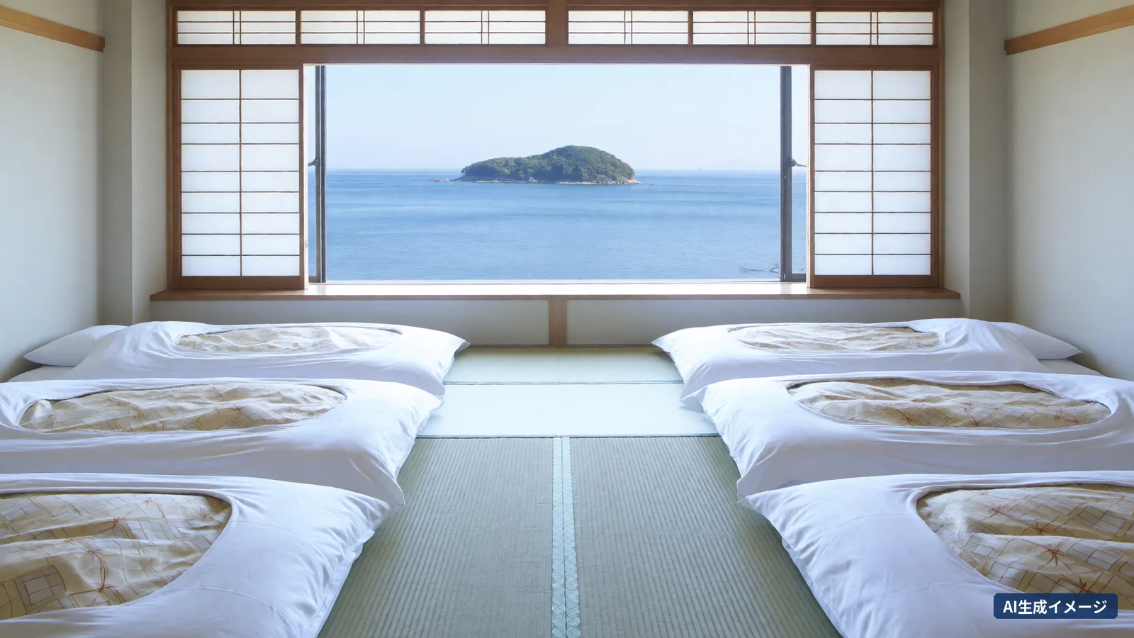 A tatami room with 2 rows of 3 futons laid out, a small island floating in the sea beyond a large window, and nothing placed on the window ledge below (AI-generated image)