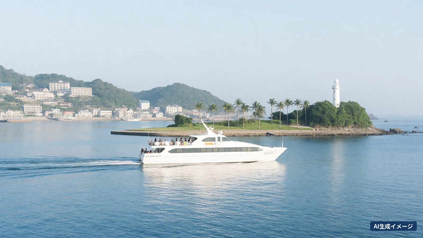 A morning with a white high-speed boat crossing a calm blue bay towards a low green island with palm trees and a white lighthouse (AI-generated image)
