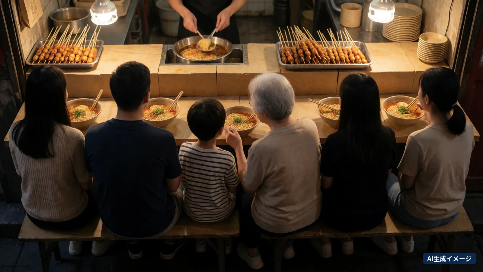 A family of six seen from behind at night, eating ramen side by side on the bench at a yatai stall counter (AI-generated image)