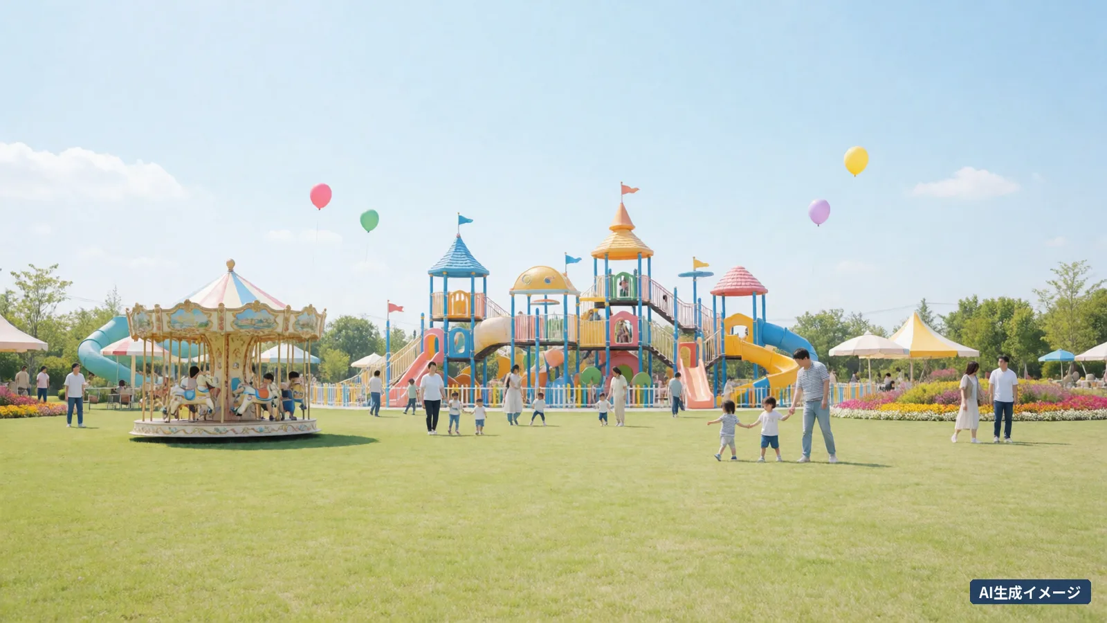 A family walking around a merry-go-round and colourful play equipment in a park on a sunny lawn (AI-generated image)