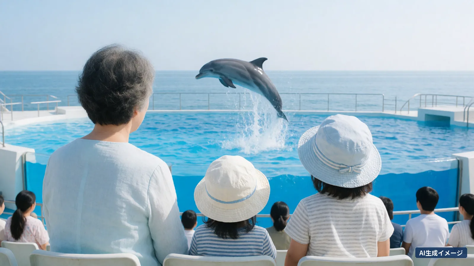 A dolphin leaping high at an outdoor show on a sunny day by the sea, seen from behind a grandmother and two children in hats in the front row (AI-generated image)