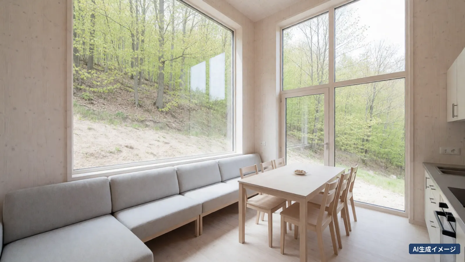 The living room of a villa with large windows facing a wooded slope (AI-generated image)