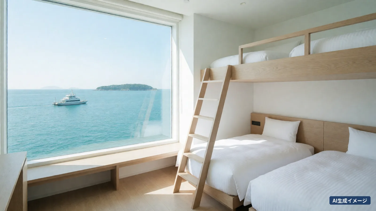 A room with a large window facing the sea, 2 beds and a loft bed reached by a ladder. A white boat and a small island in the sea outside (AI-generated image)