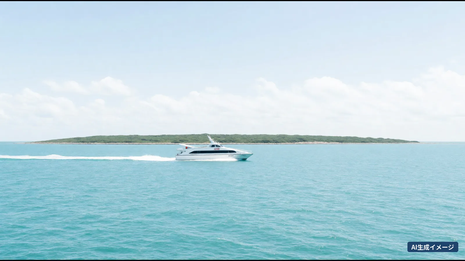A white high-speed boat running across turquoise sea, leaving a white wake, with a flat green island behind (AI-generated image)