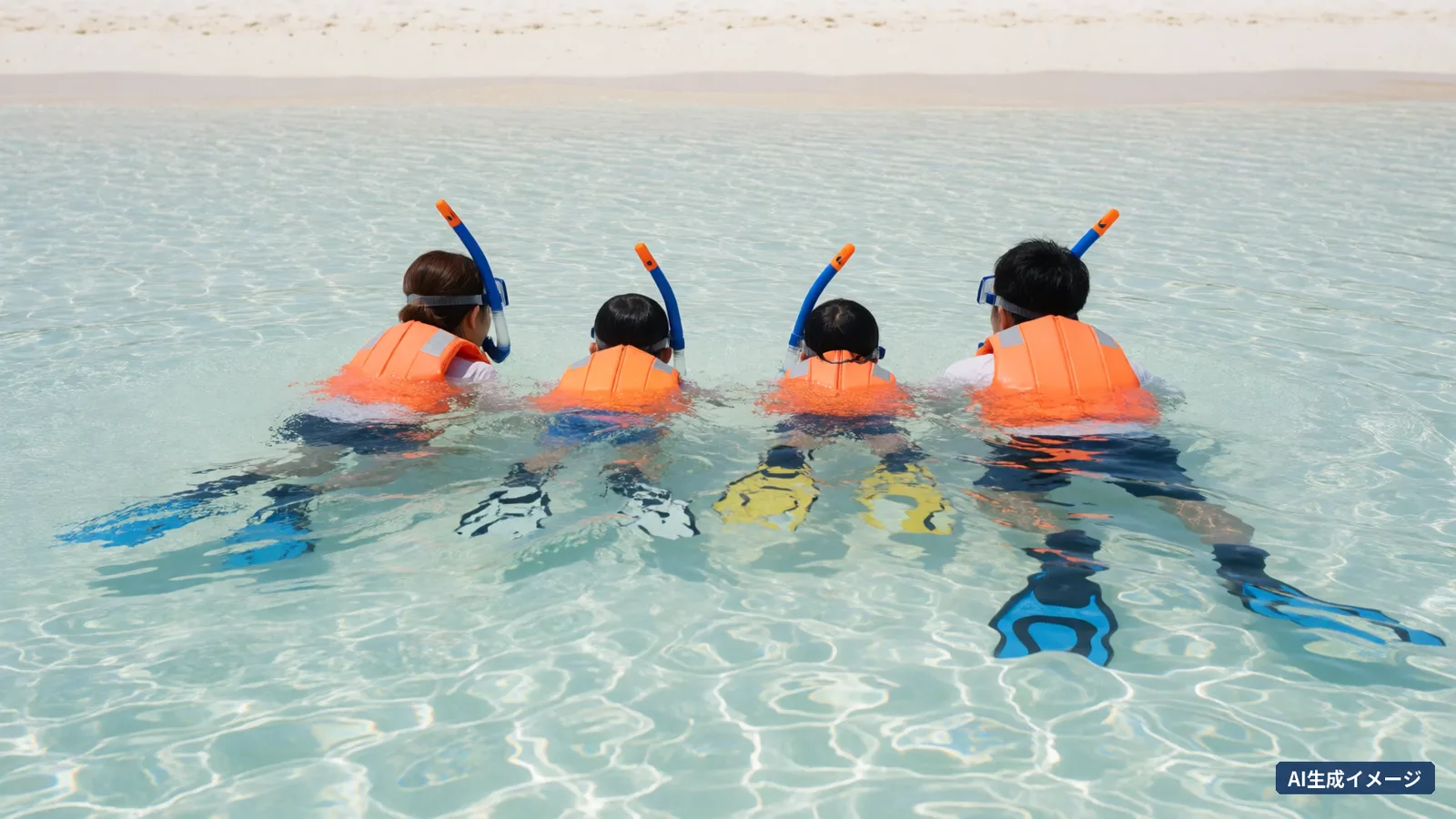 A family of 4 in life jackets and snorkels, seen from behind, swimming in clear shallow sea, with a white sand island behind (AI-generated image)