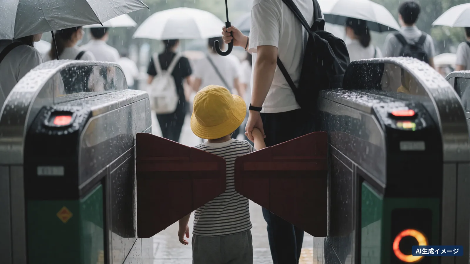 A small child in a yellow hat holding a parent's hand passing through a station ticket gate on a rainy day (AI-generated image)