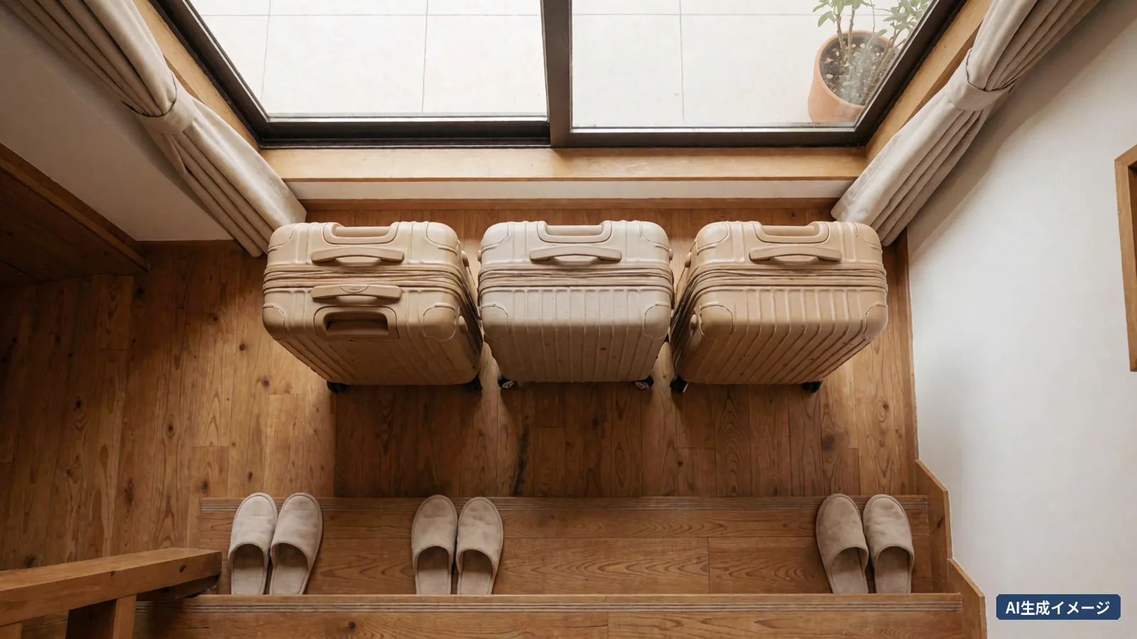 Three suitcases delivered to the wooden floor of a property's entrance (AI-generated image)