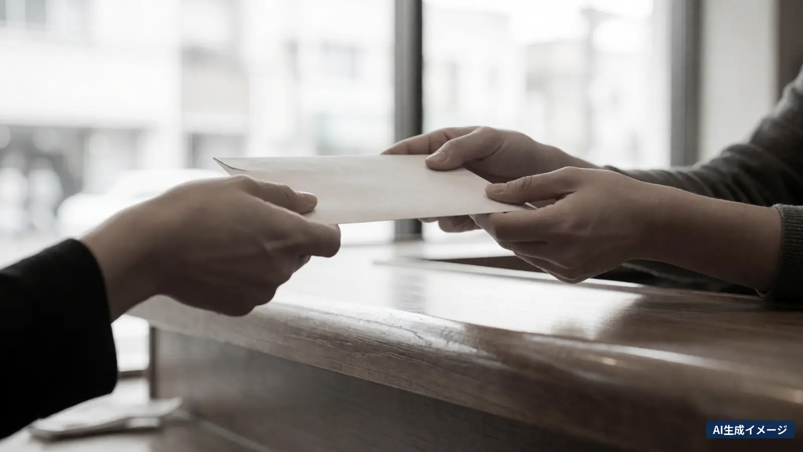 A hand passing a white envelope across a counter and another hand gently pushing it back (AI-generated image)