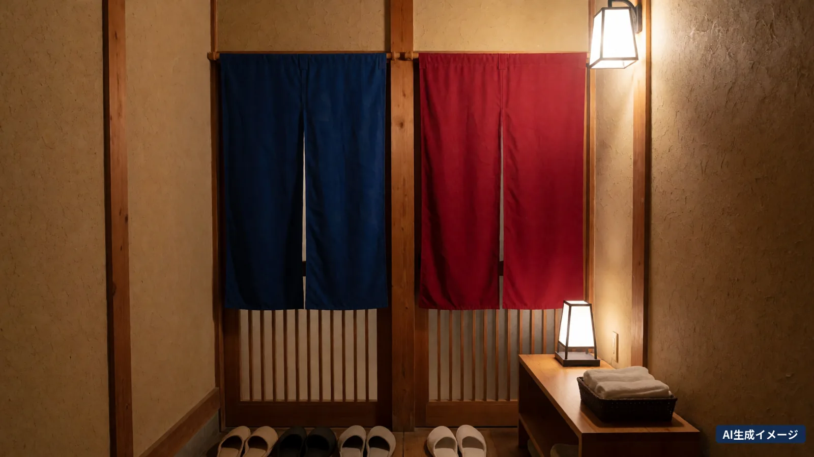 Au bout d'un couloir de ryokan la nuit, des rideaux unis bleu marine et rouge pendent devant 2 entrées, avec des chaussons alignés devant (image générée par IA)