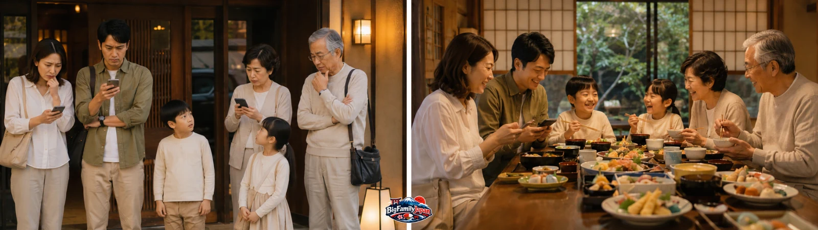 Left: a large family unable to get a table without a booking. Right: the same family seated together around one table after booking ahead (AI-generated image)