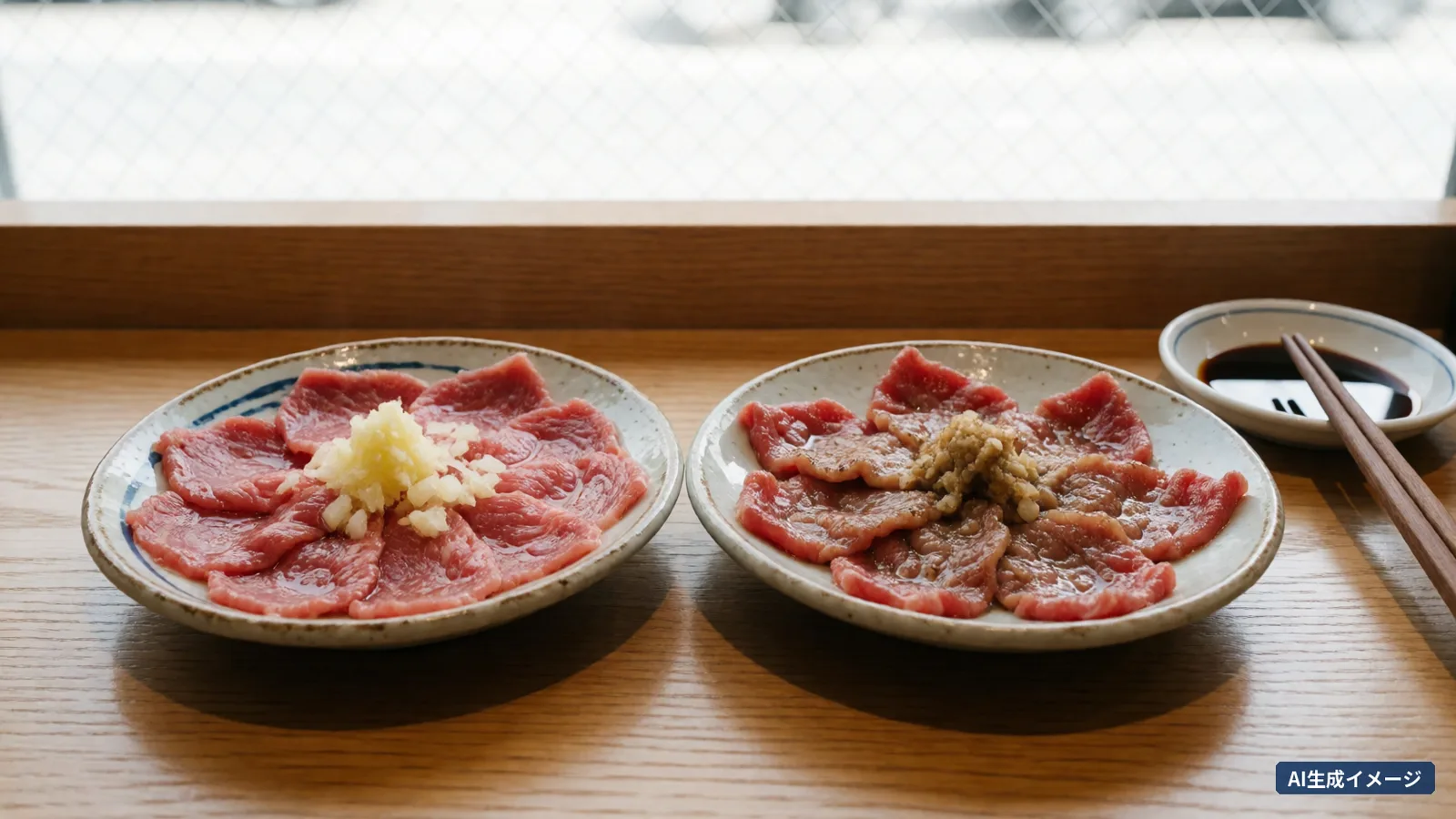 Two plates on a wooden counter: thin slices of raw red meat and the same meat grilled, with a small dish of soy sauce and chopsticks beside them (AI-generated image)