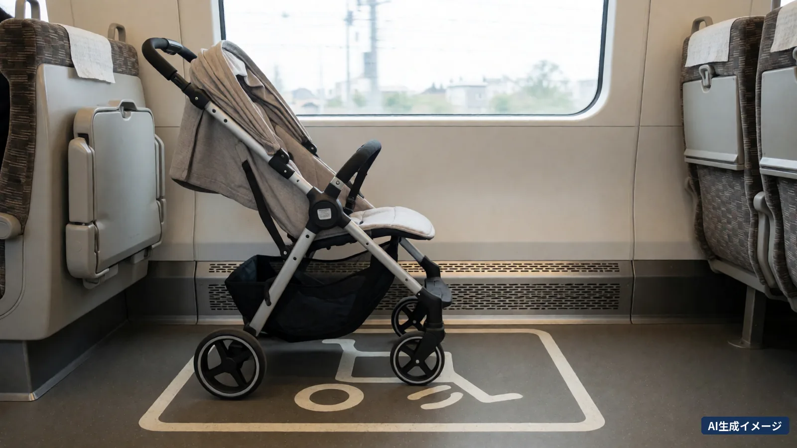 A stroller parked in the wheelchair and stroller space of a train, with the floor marking (AI-generated image)