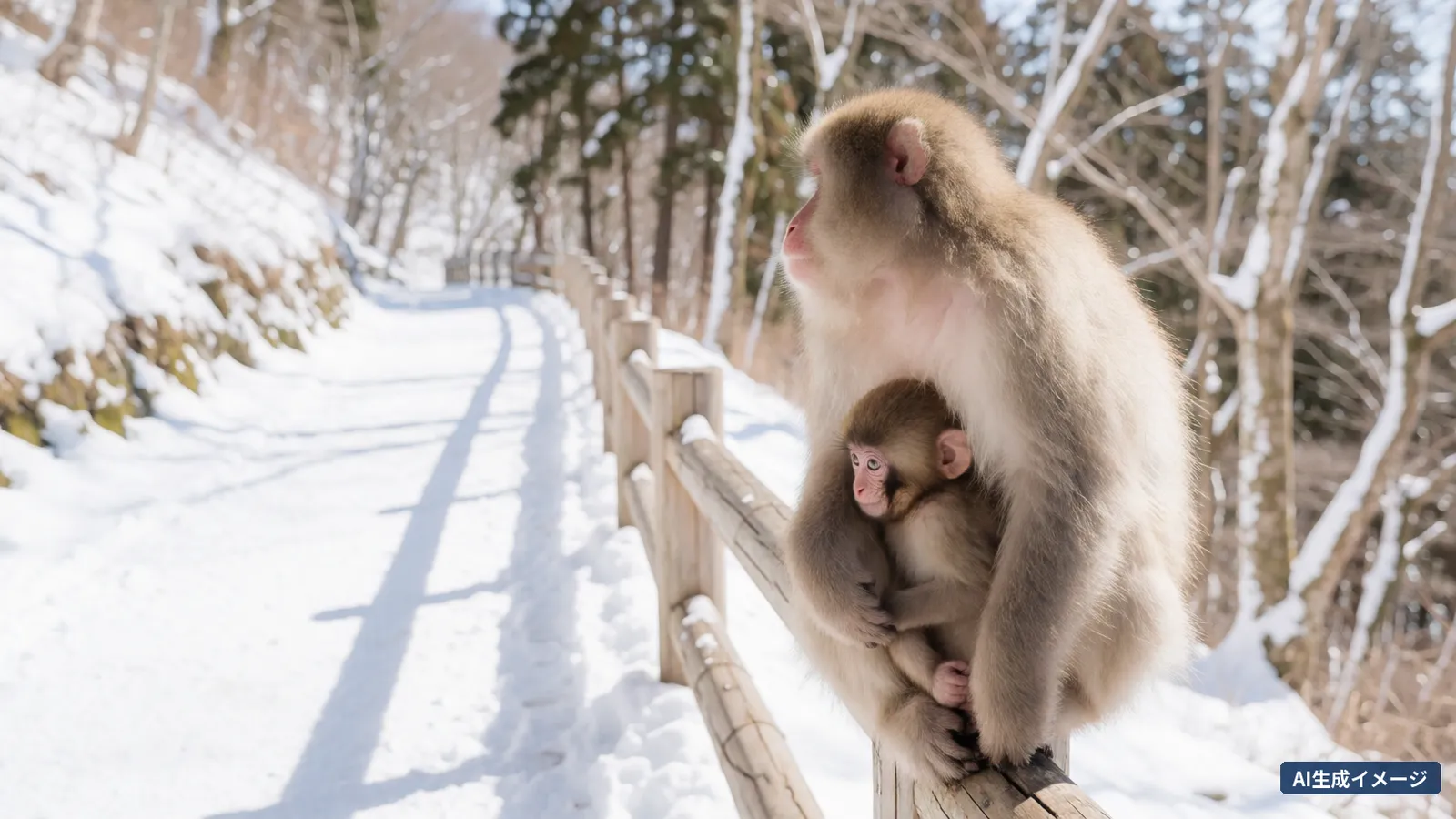 A mother monkey holding her baby sits on the wooden fence of a snowy path, looking down the path (AI-generated image)