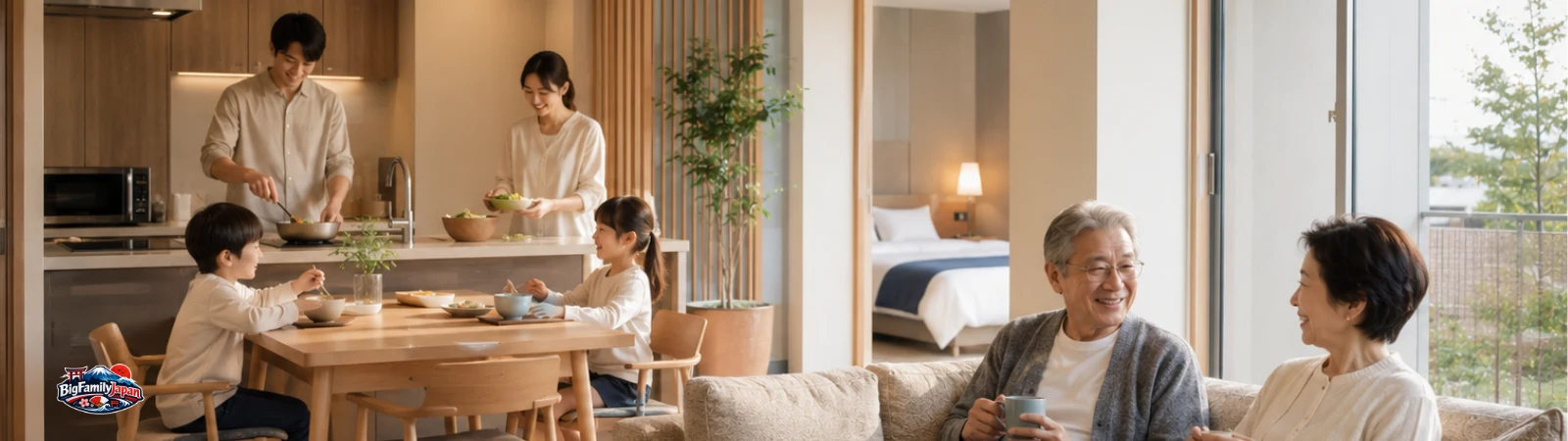 Three generations relaxing together in a kitchen-equipped room at INOVA Kanazawa Station Hotel suite (AI-generated image)