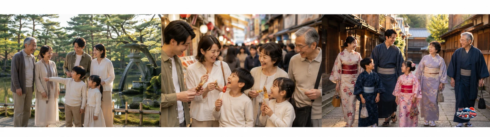 Une journée de famille à Kanazawa : le jardin le matin, la street food au marché à midi, le quartier des maisons de thé en kimono l'après-midi (image générée par IA)