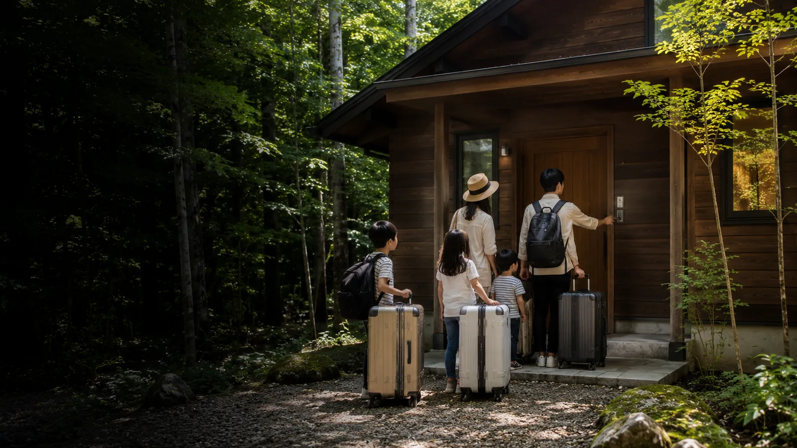 Une famille arrive avec ses bagages devant un chalet loué en entier dans la forêt (image générée par IA)