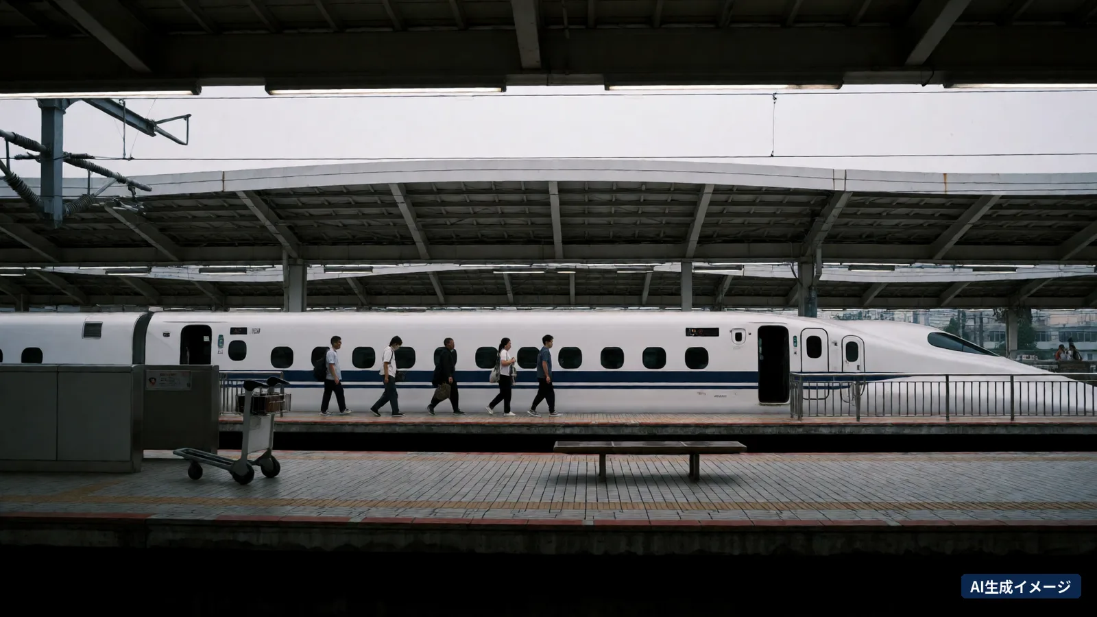A white shinkansen stopped at an elevated platform under a curved roof, with a few passengers walking to the doors and a luggage trolley and bench in front (AI-generated image)