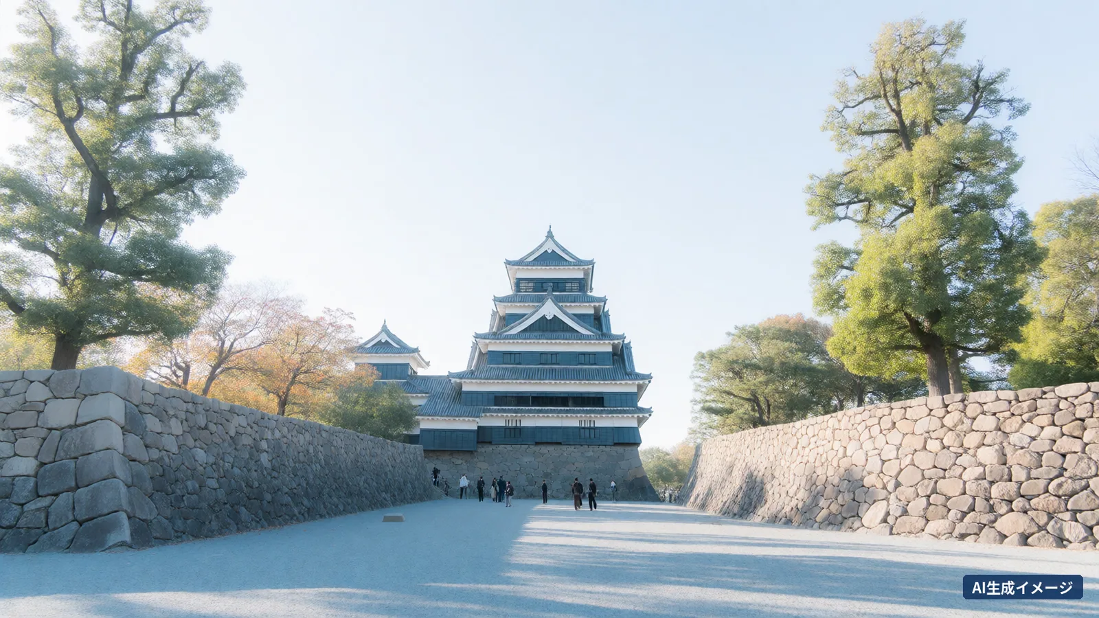 A morning castle with a black-and-white keep rising at the end of a wide path between high stone walls (AI-generated image)