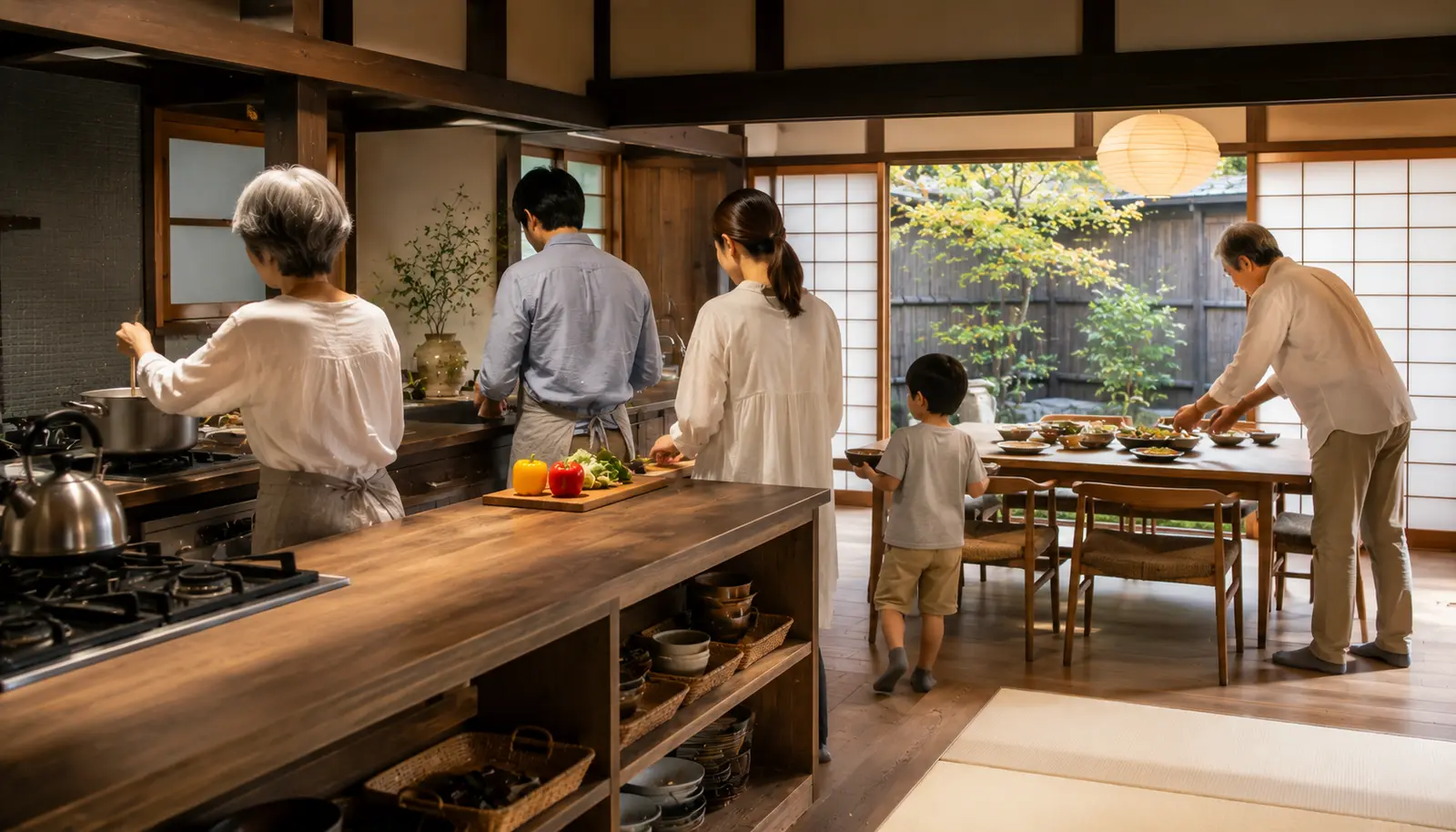 町家のフルキッチンで家族が料理し、食卓に配膳するイメージ（AI生成イメージ）