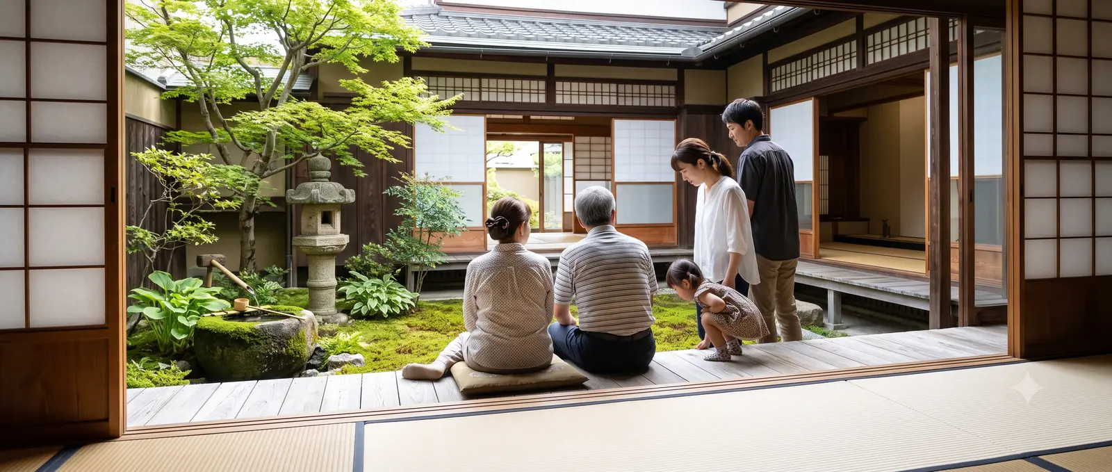 京都町家の坪庭を縁側から眺める五人家族のイメージ（AI生成イメージ）