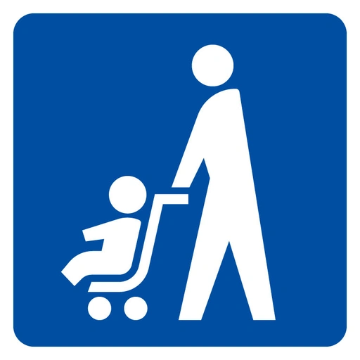 The pushchair mark: a blue square containing a white figure of an adult pushing a pushchair. It marks places where a pushchair may be used without folding it