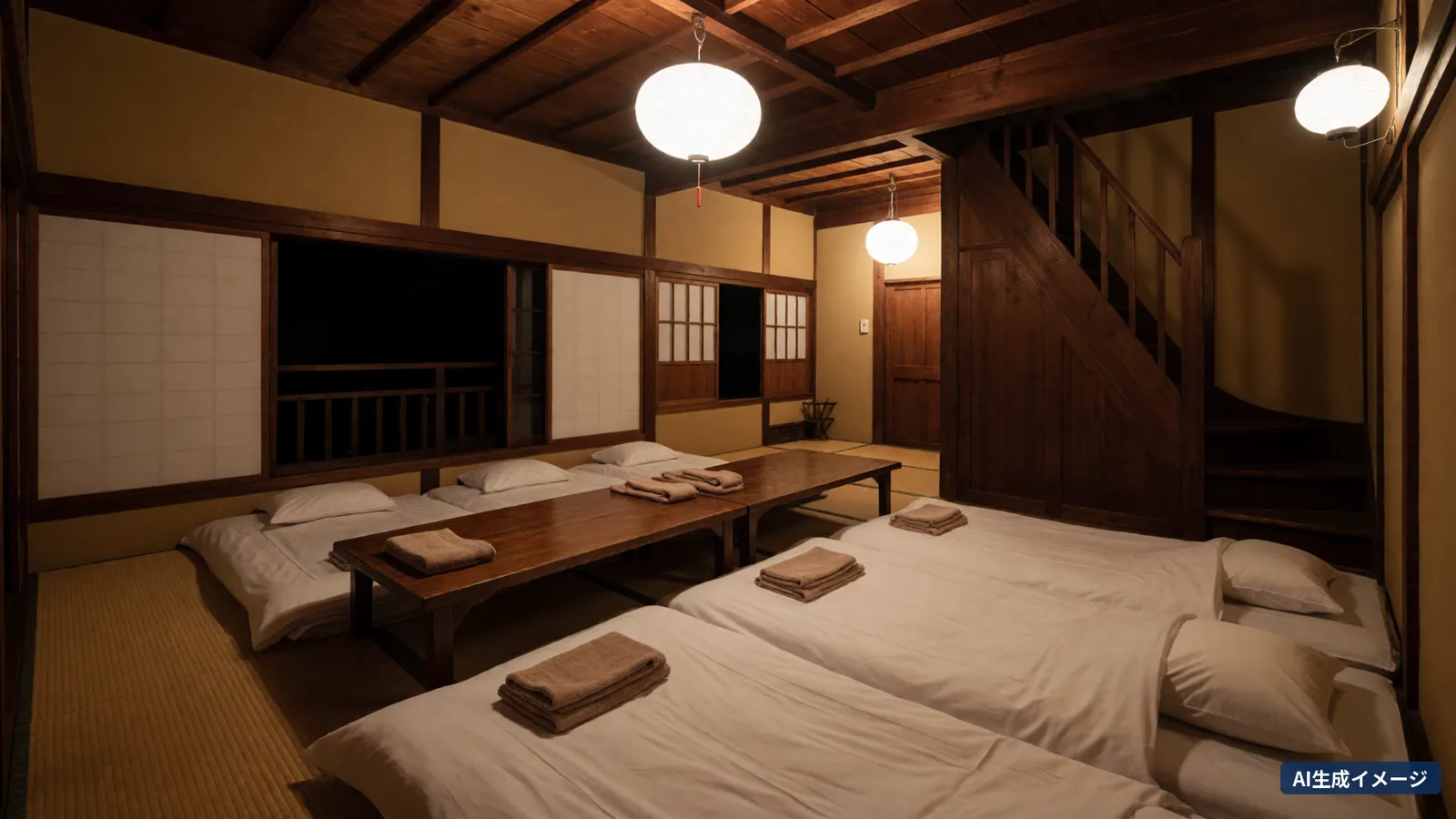 A tatami room at night lit by Japanese paper lanterns, with six white futons laid out, folded towels on a low wooden table and a wooden staircase at the back (AI-generated image)