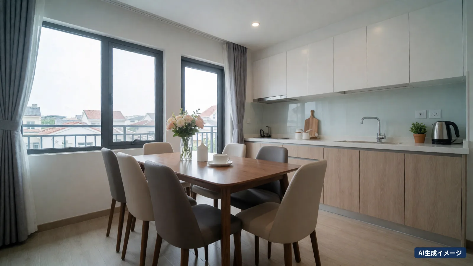 A bright room with a wooden dining table set with six chairs and a small kitchen with white cupboards (AI-generated image)