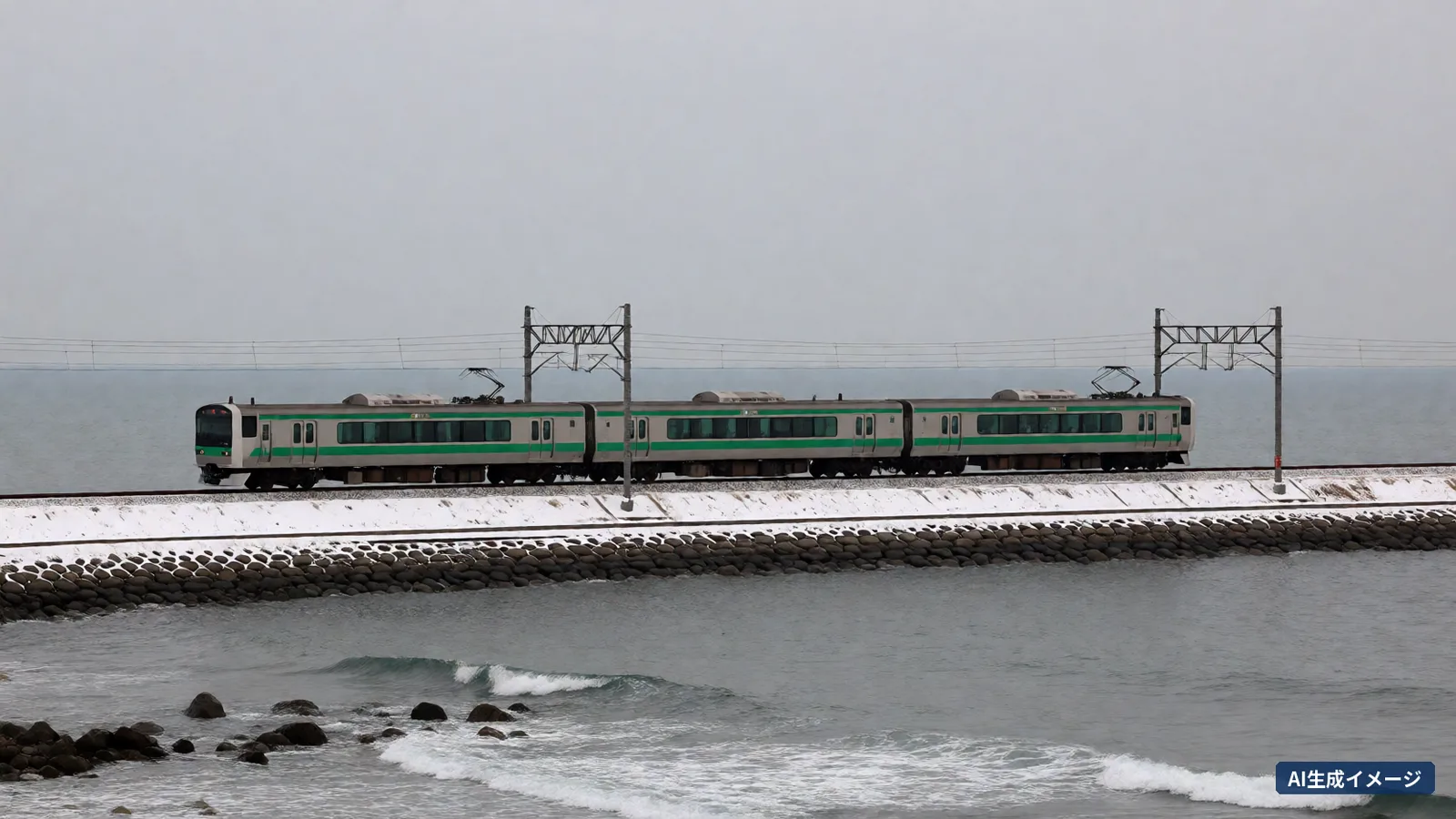 A silver train running along a snowy coastline (AI-generated image)