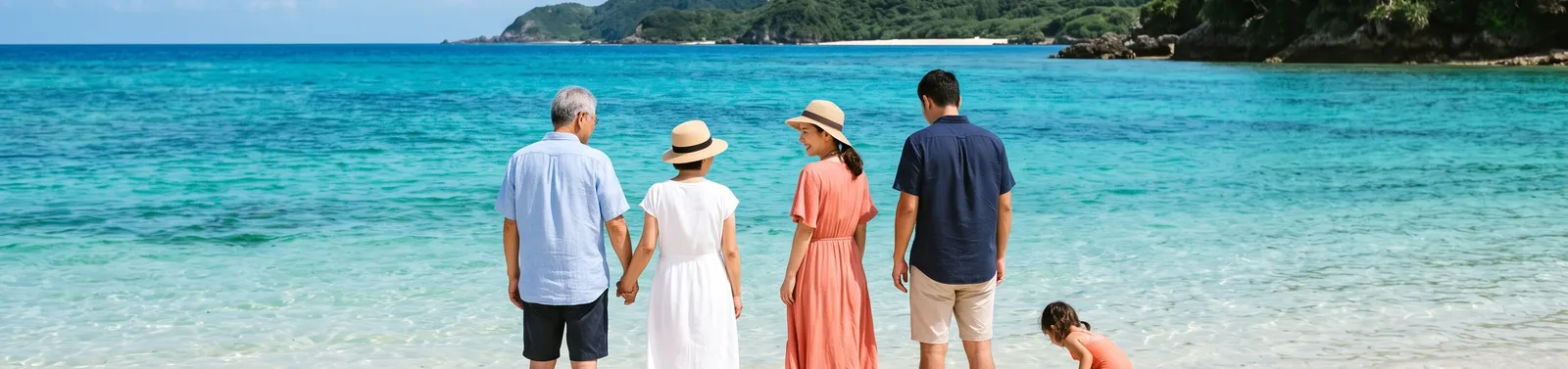 本部のエメラルドの浅瀬に立つ五人家族（AI生成イメージ）