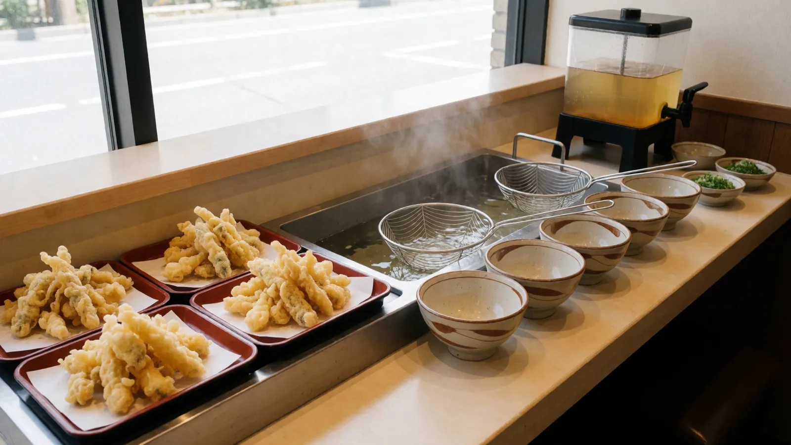 Le comptoir d'un restaurant d'udon en libre-service : des tempuras tout juste frits sur un plateau, à côté d'une marmite d'eau fumante, des passoires à udon et des bols vides (image générée par IA)