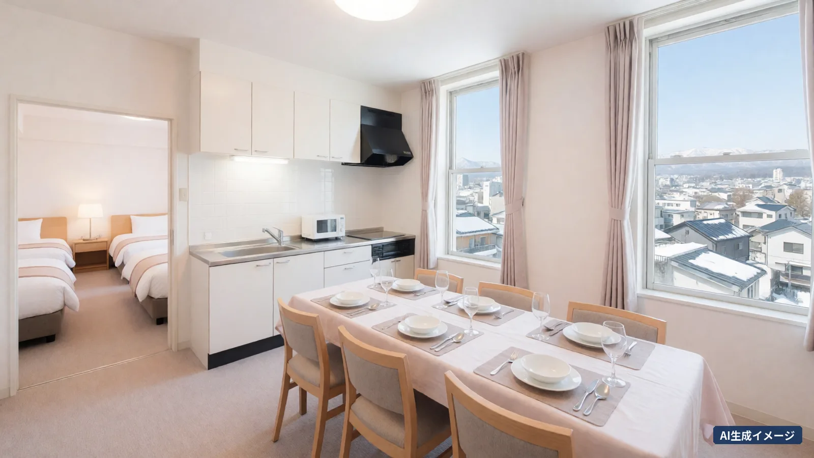 A bright room with a table for six and a small kitchen (AI-generated image)