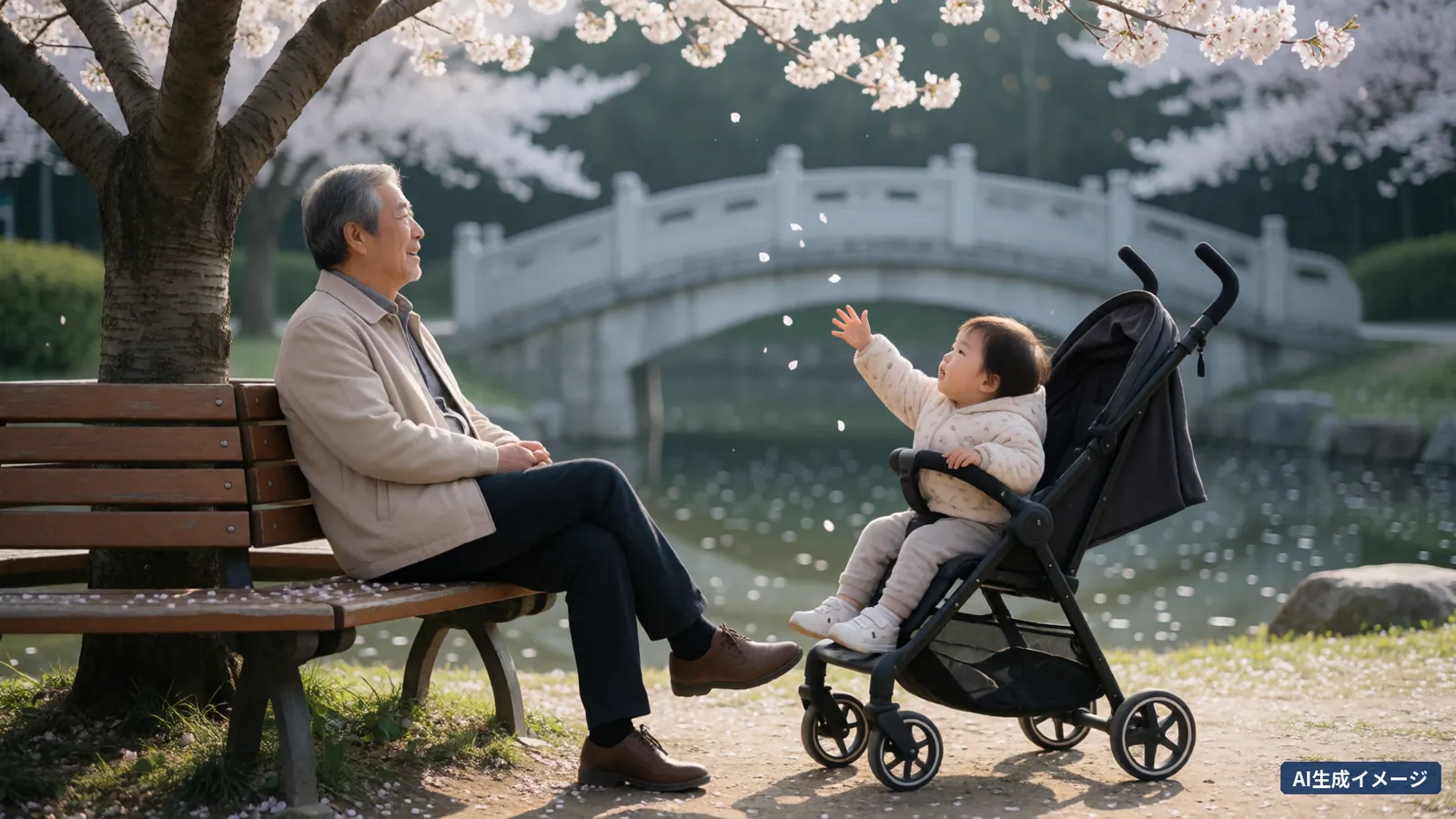 A grandfather on a bench under cherry blossoms and a toddler reaching for petals from a stroller (AI-generated image)