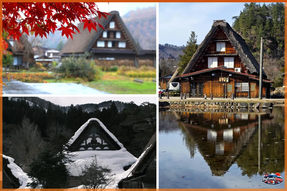 Shirakawa-go, village aux maisons gassho-zukuri d'Ogimachi (érables d'automne, paysage de neige, reflets sur l'eau)