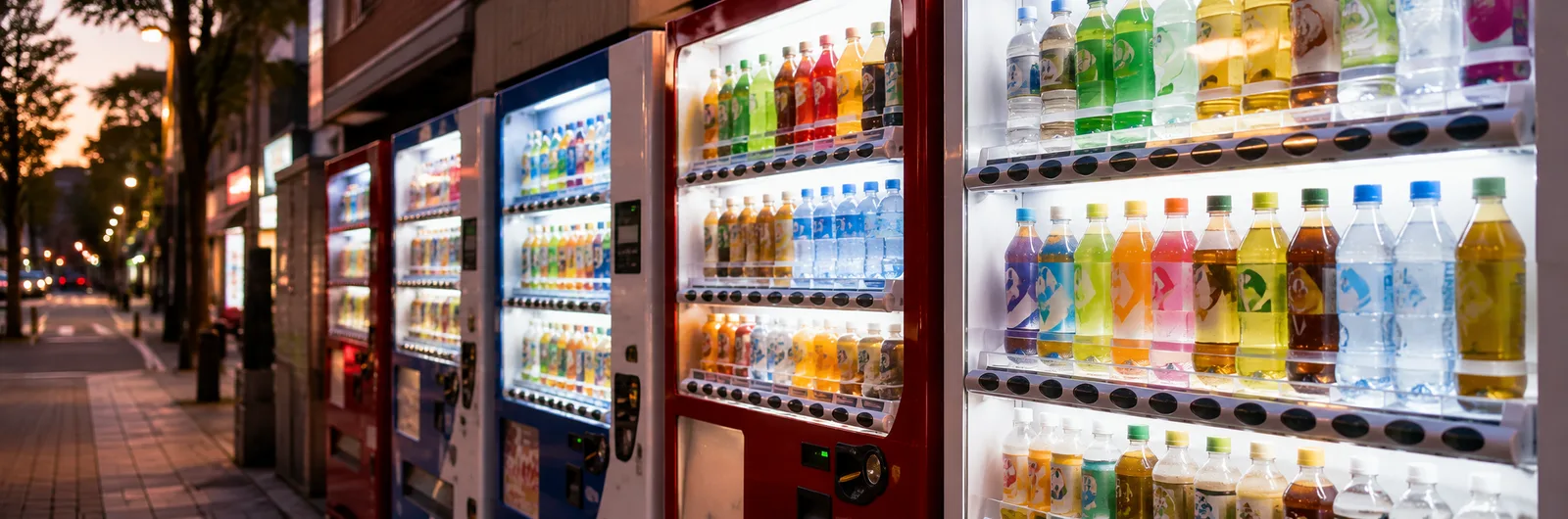通りに並ぶ日本の自動販売機に冷たい飲み物がずらりと並ぶイメージ