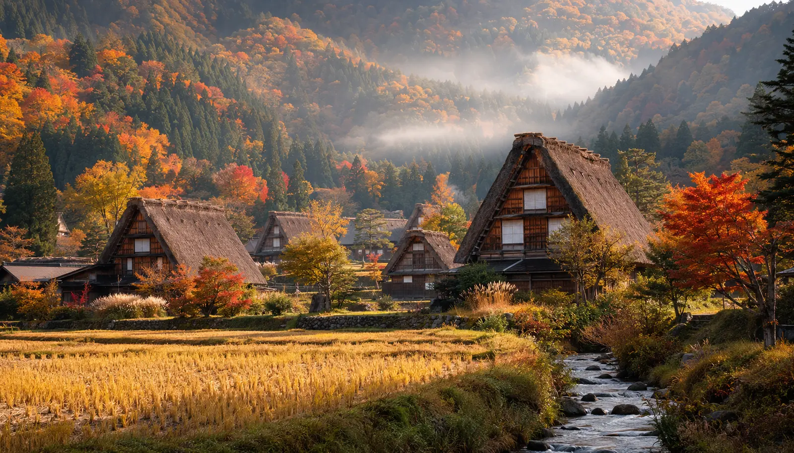 以高山為據點可一日往返的白川鄉合掌造聚落與紅葉（AI生成示意圖）