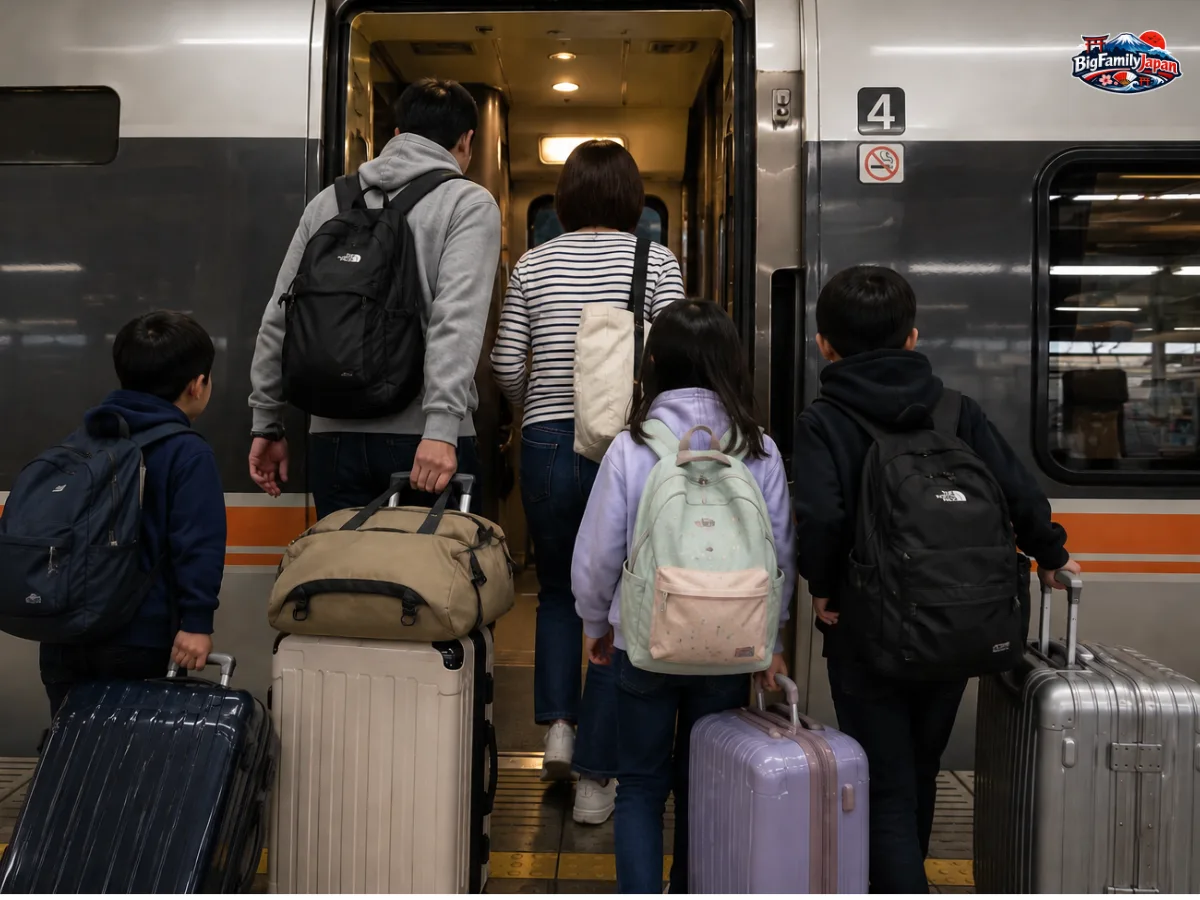 Une famille de cinq personnes avec de gros bagages montant à bord d'un train limité (image générée par IA)