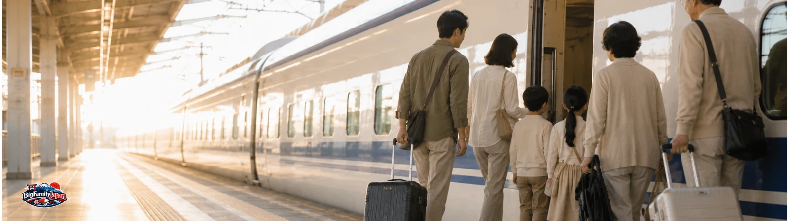 大きなスーツケースを持った3世代家族が東京駅のホームから北陸新幹線に乗り込む様子（AI生成イメージ）