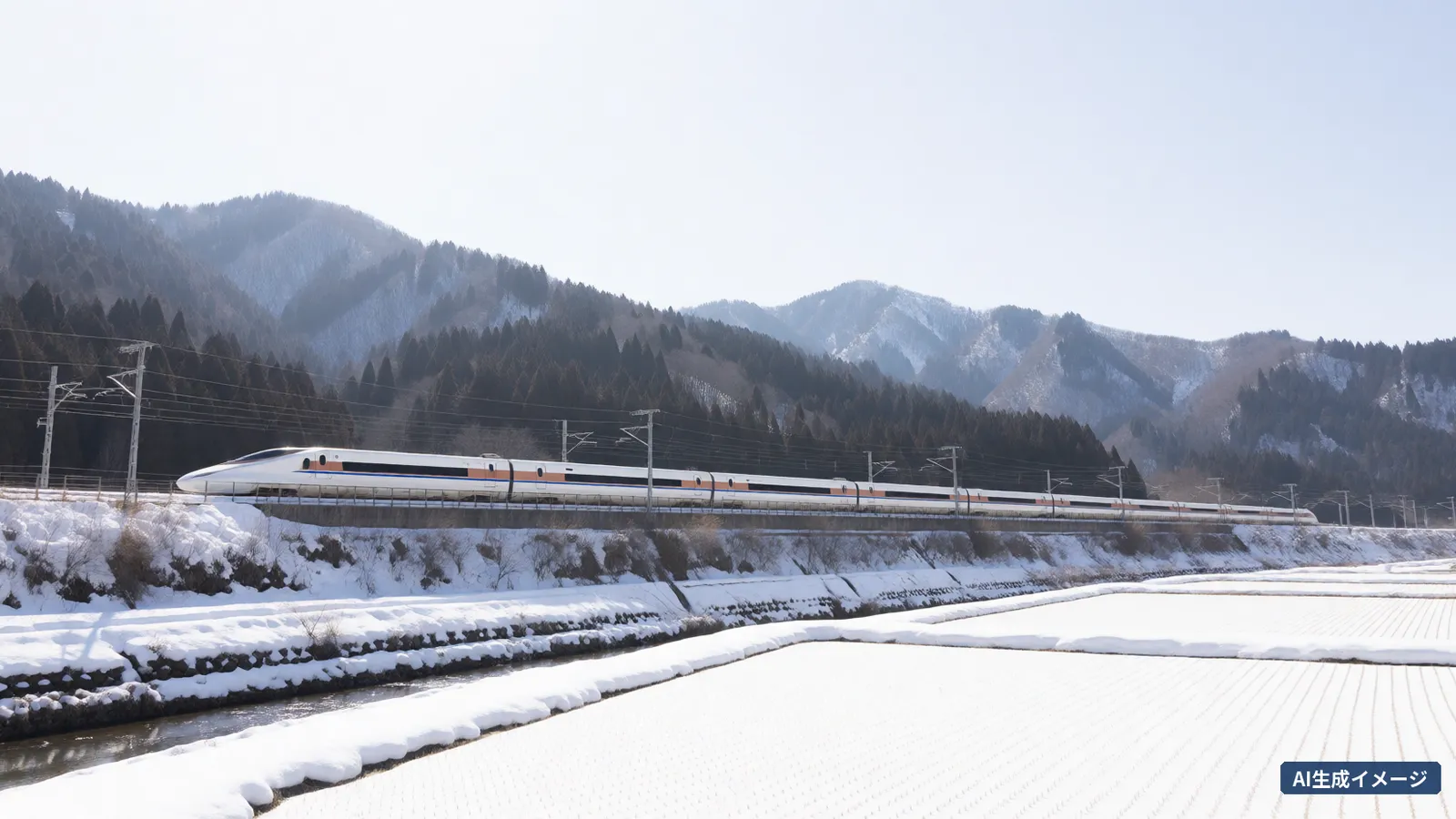 A white shinkansen runs at the foot of a cedar-covered mountain, beyond snow-covered rice fields and a stream (AI-generated image)