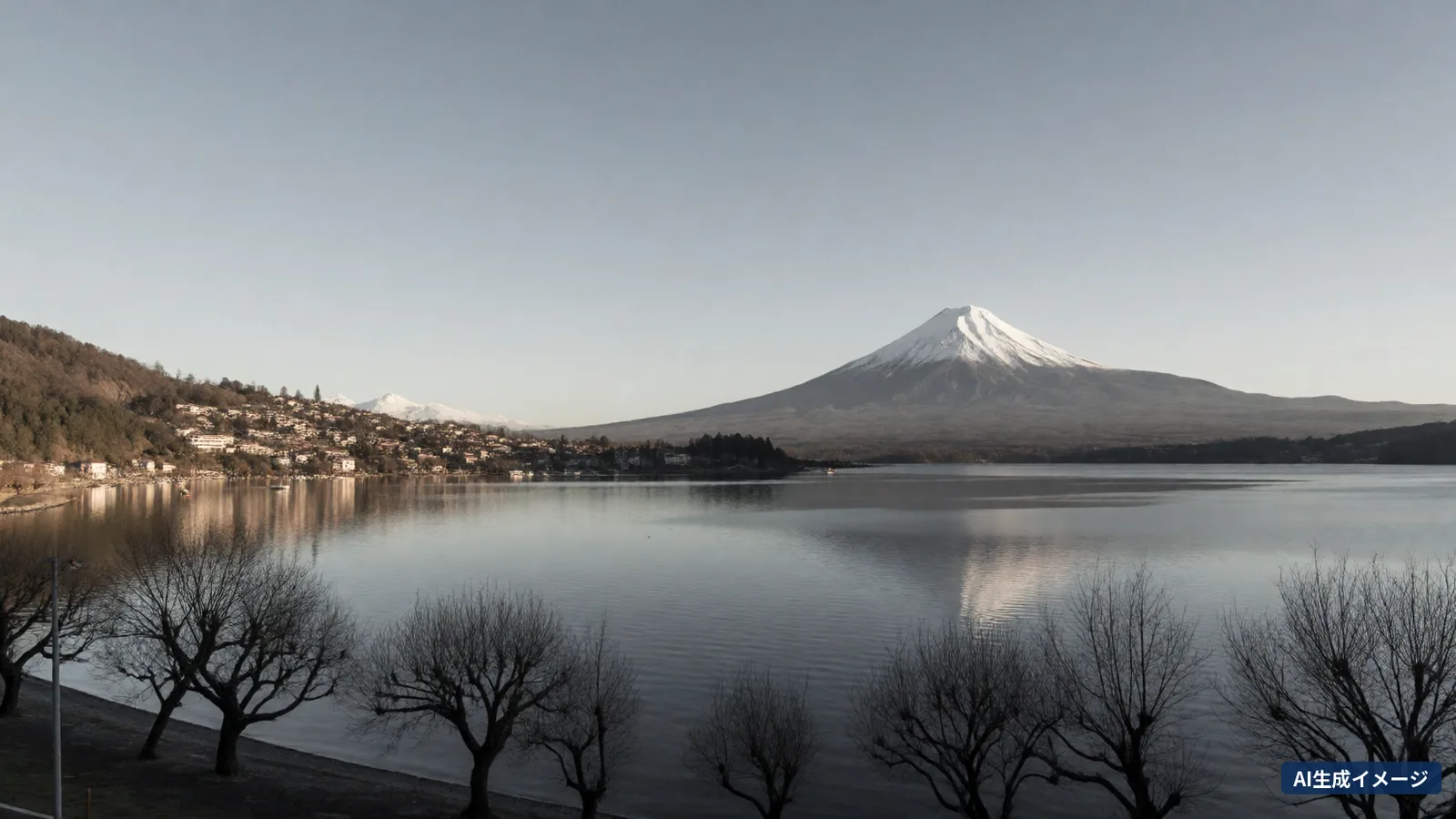 Mount Fuji seen across Lake Kawaguchi in winter (AI-generated image)