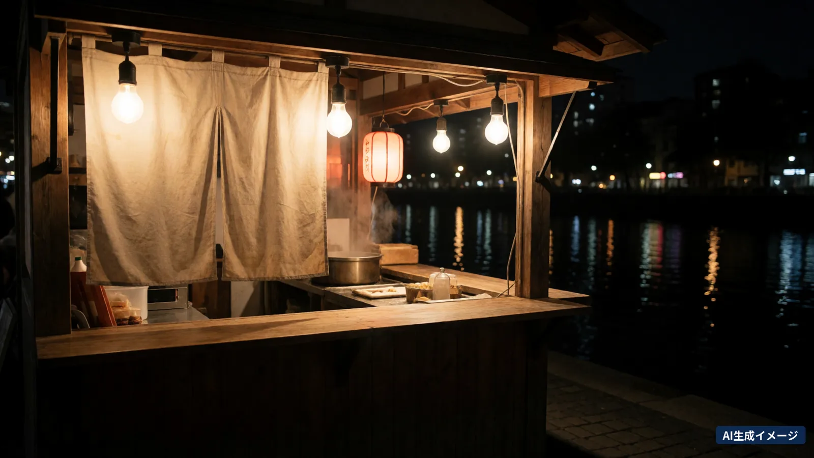 Yatai food stalls lit up along a river at night, with noren curtains, bare light bulbs and the lights of buildings on the far bank (AI-generated image)