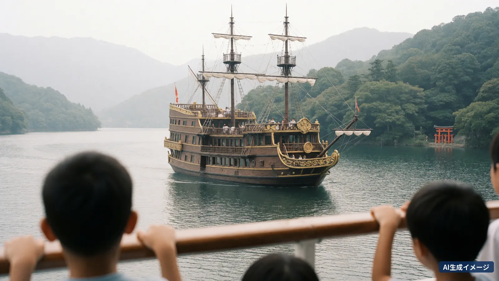 Children looking over a railing at a sailing-ship-style sightseeing boat on Lake Ashi, with a red torii gate on the shore (AI-generated image)