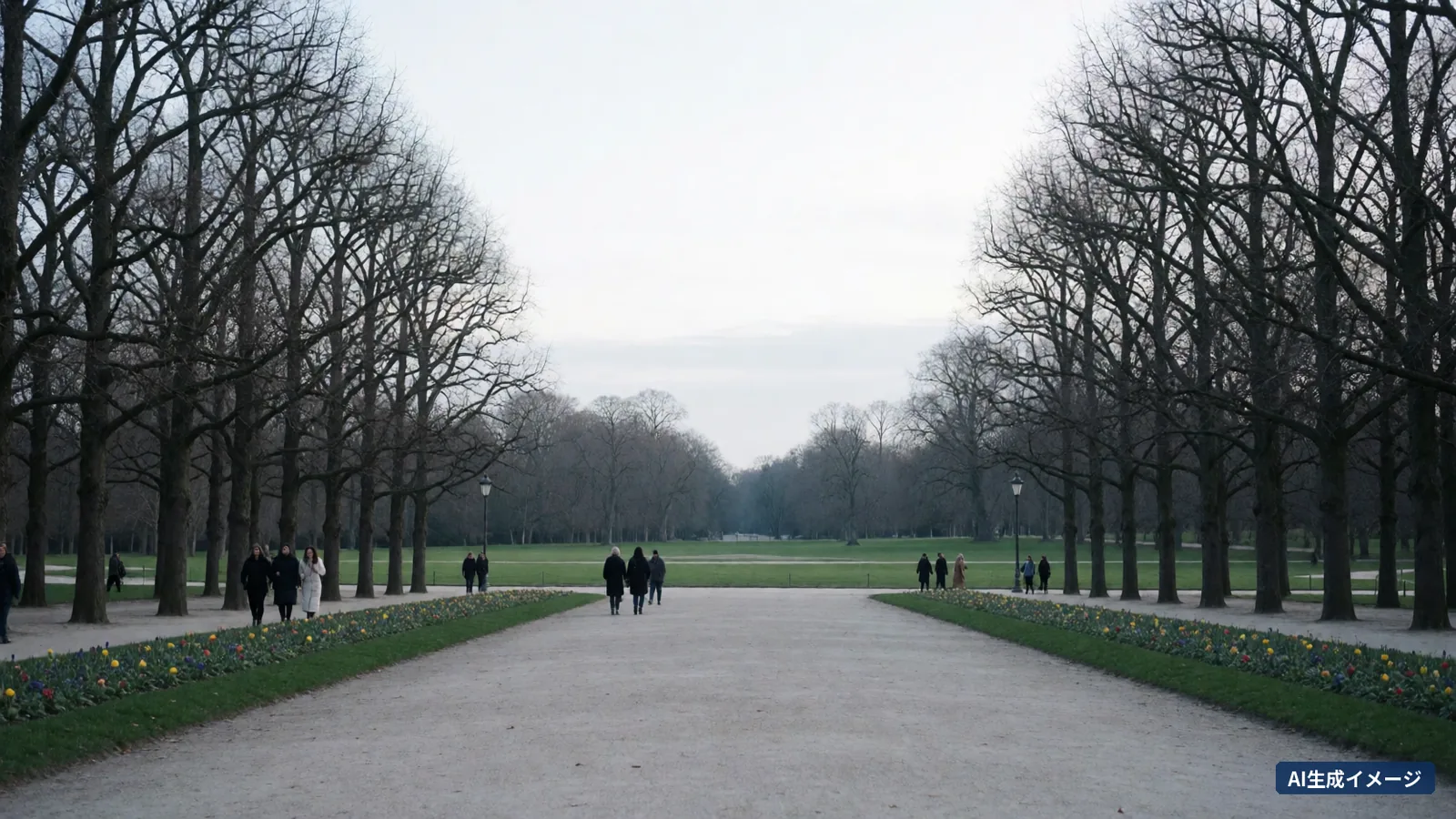 A wide park with a winter tree-lined path and flower beds on both sides (AI-generated image)