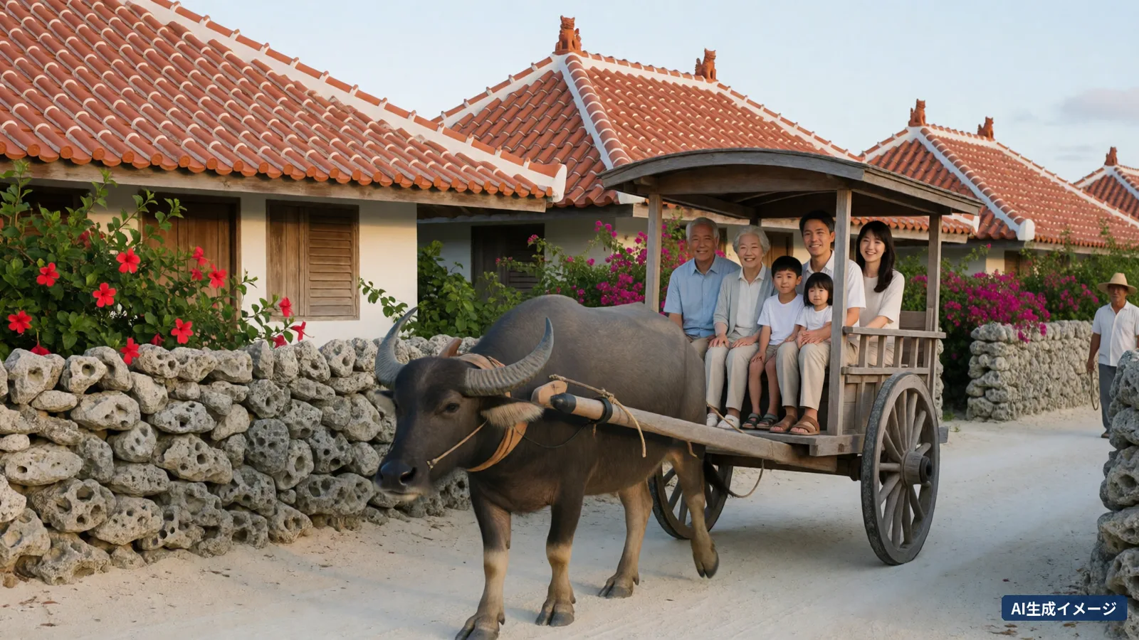 A water buffalo cart carrying a family of 6, grandparents and children included, moves along a white sand lane between red-tiled houses and coral stone walls (AI-generated image)