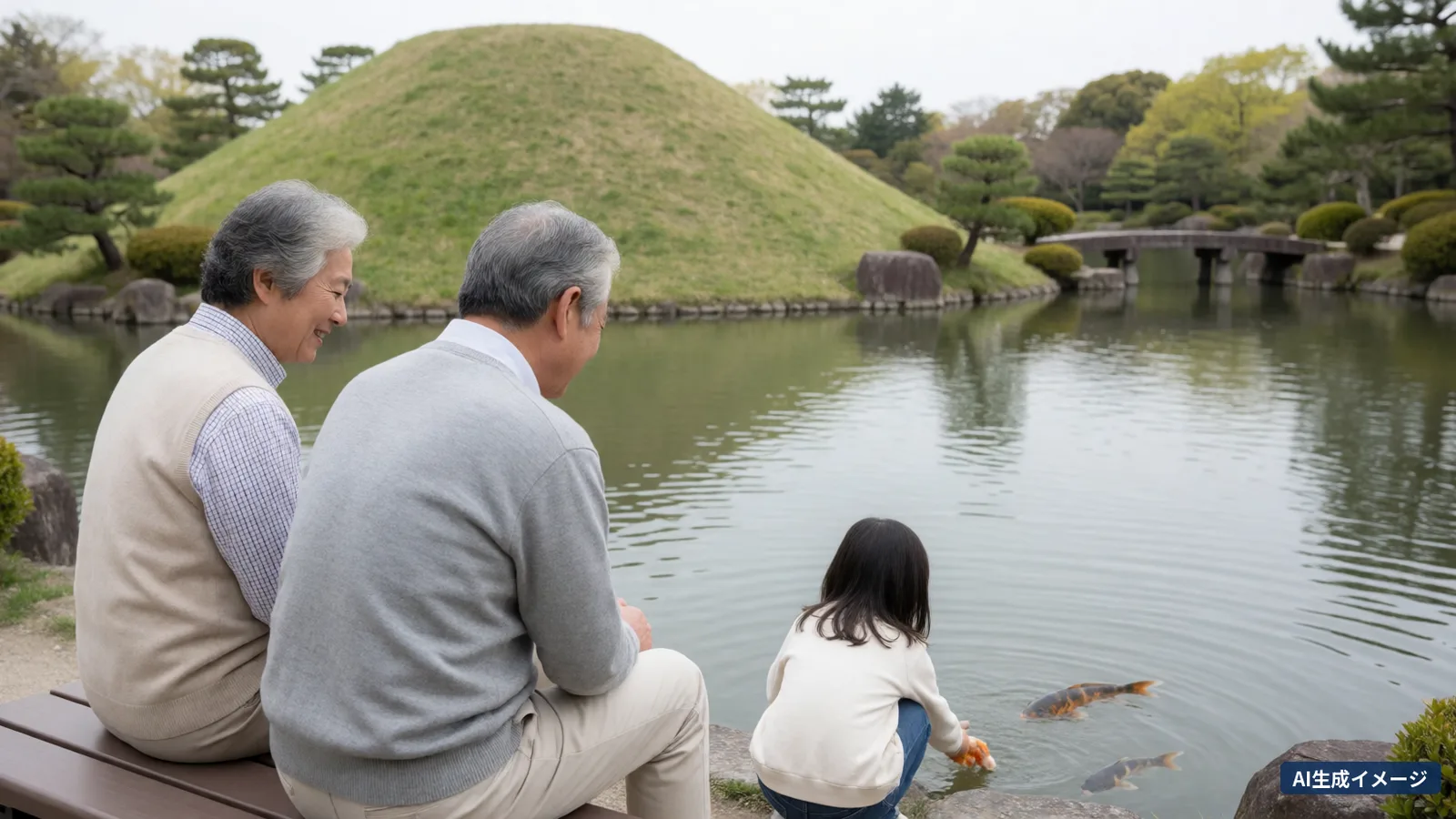 Grandparents sitting on a bench by a pond watch a girl crouching and reaching out to the carp, with a grassy mound and a stone bridge behind (AI-generated image)
