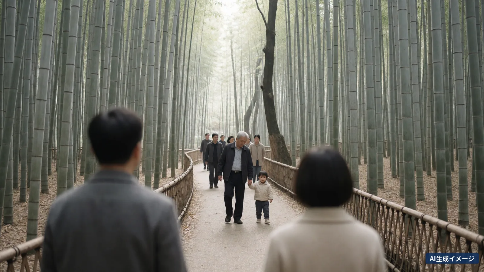 A small child holding a grandfather's hand, walking with the family along the bamboo grove path (AI-generated image)