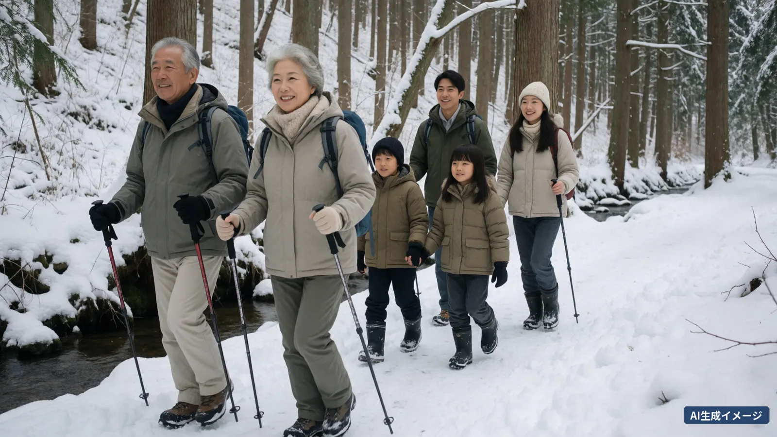 A family of 6 (grandparents, parents, a boy and a girl) walks in single file along a snowy forest path beside a stream (AI-generated image)