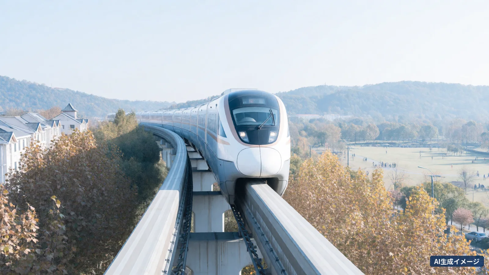 A white train running on an elevated track through a park in autumn colours (AI-generated image)