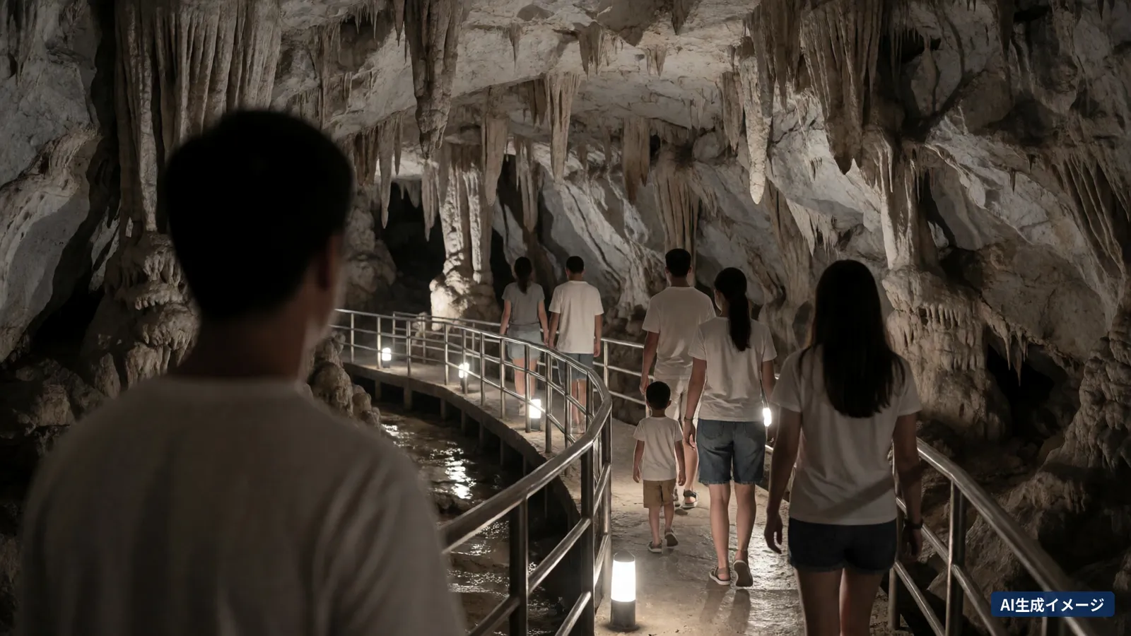 A family walking along a lit walkway through a limestone cave (AI-generated image)