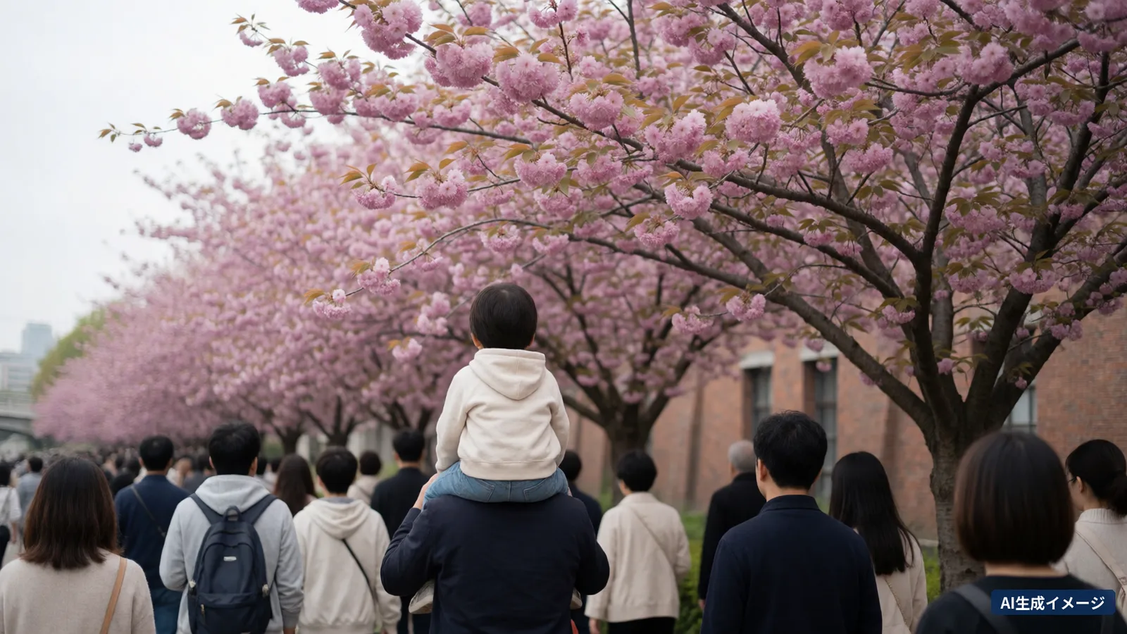 A flow of people walking under an avenue of double cherries in full bloom, and a child riding on their father's shoulders (AI-generated image)